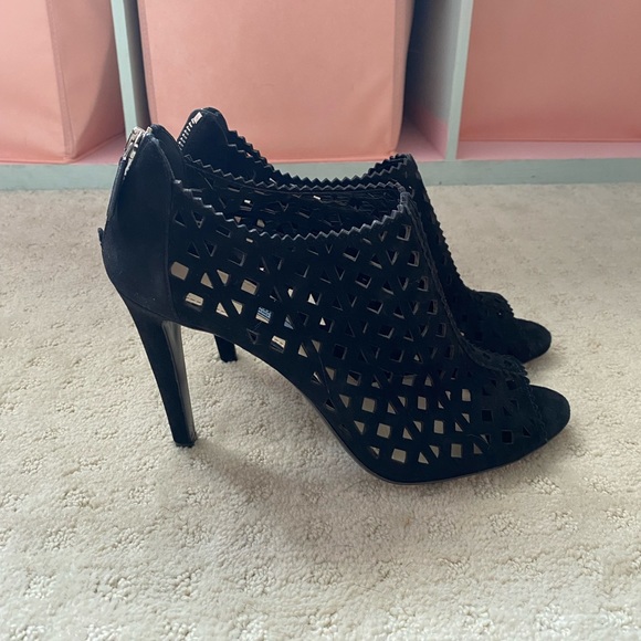 Prada Black Laser Cut Peep Toe Suede Bootie - Picture 3 of 8